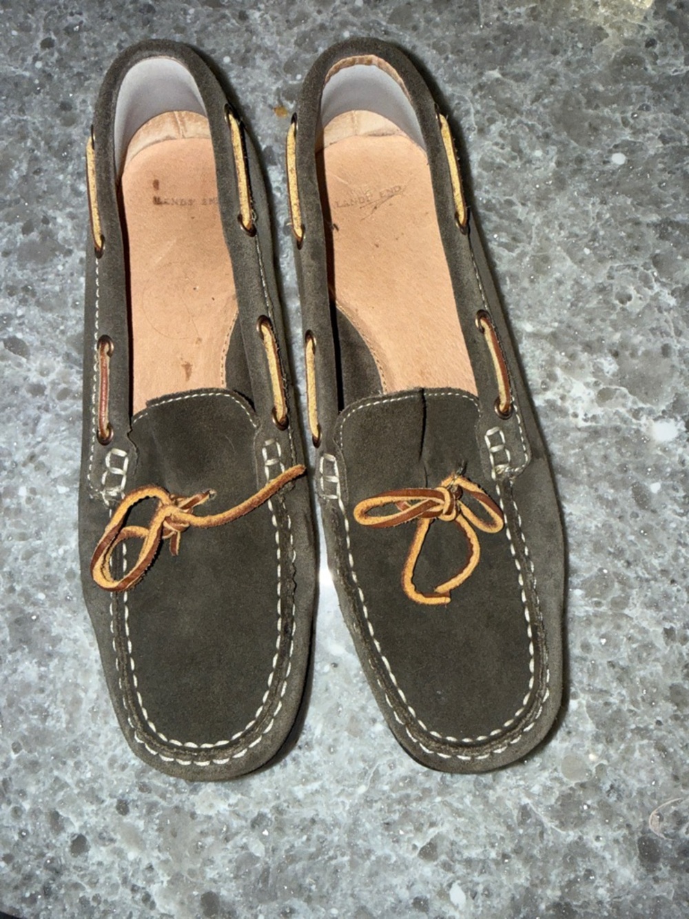 Lands' End Olive Suede Moccasin Loafers with Tan Laces